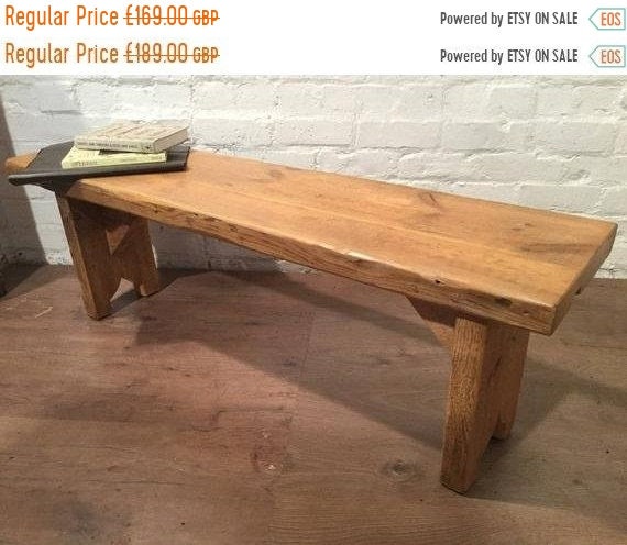 VALENTINE Sale X-Wide 4ft Hand Made Reclaimed Old Pine Beam Solid Wood Dining Bench with Carved Shaped Leg Detail in Light Oak Finish - Made