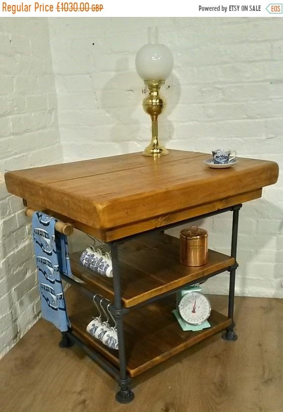 Spring-Sale ONLY This One ! - Industrial Steel Pipe Butchers Block 4" Thick Church Beam Solid Reclaimed Pine Kitchen Island Table Unit