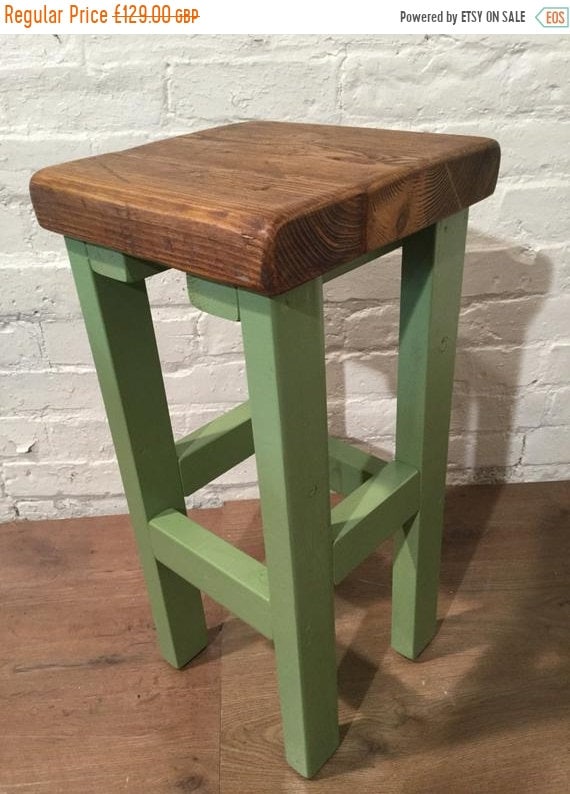 XMAS Sale Hand Painted Farrow & Ball Country Hand Made Reclaimed Solid Pine Wood Kitchen Island Bar Stool - Village Orchard Furniture