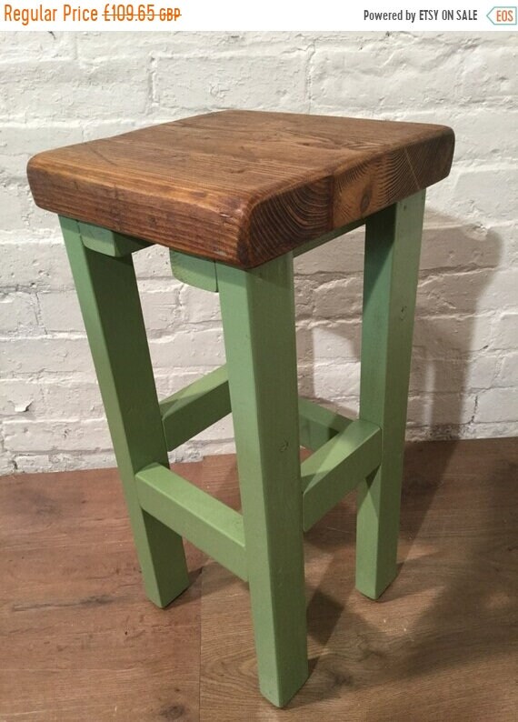 Autumn Sale Hand Painted Farrow & Ball Country Hand Made Reclaimed Solid Pine Wood Kitchen Island Bar Stool - Village Orchard Furniture