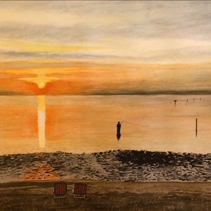 May include: A watercolor painting of a sunset over a body of water. The sun is setting in the distance, casting a warm orange glow over the water. A lone figure is fishing in the water, and two chairs are sitting on the beach in the foreground.