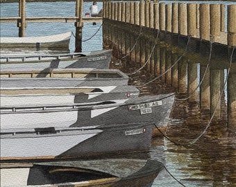 May include: A watercolor painting of a wooden dock with several boats tied to it. The boats are gray and brown and have a weathered look. The dock is made of wooden planks and posts. The water is a light blue color. The painting is signed "Egan Walter 2017".