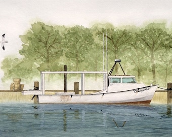 May include: Watercolor painting of a white boat named "Chesapeake" docked at a pier. Two seagulls fly in the upper left corner. Green trees form the background, and the water reflects the boat and sky.