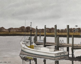 May include: A white fishing boat named "Uninhabitable II" is docked at a wooden pier. The boat is in the water, and the pier is made of wooden planks. There are several birds perched on the pier posts. The sky is overcast and gray.