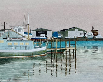 May include: A watercolor painting of a harbor scene with several boats docked at a pier. The boats are various shades of blue and green, and the water is a light blue. The sky is a pale pink.