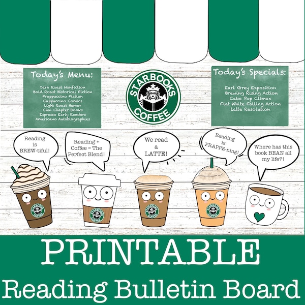 Starbooks Coffee Shop Reading Bulletin Board Classroom/Door Decor for Literacy, Book Fair, Library, Media Specialist, ELA