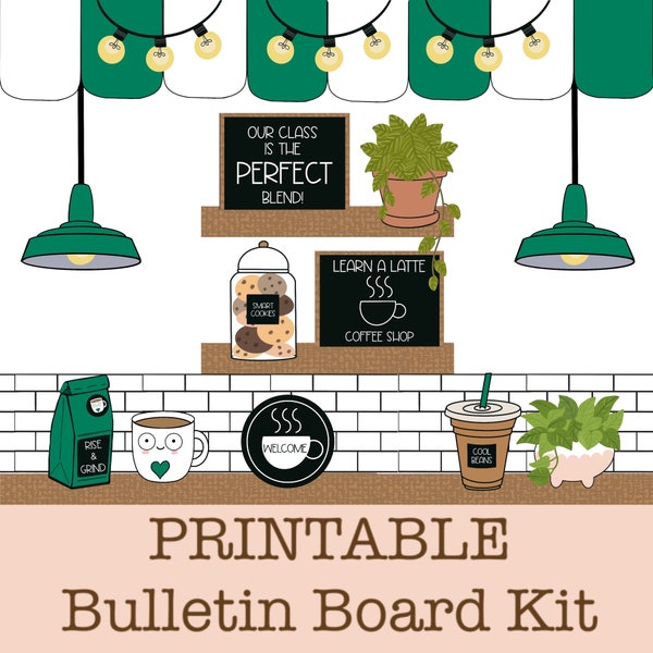 Coffee Shop Bulletin Board and Door Decor Kit, Industrial Farmhouse Cafe, Classroom Decor, Bistro Themed Wall Art, Back to School, Starbucks