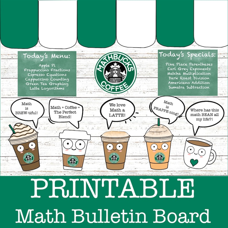 Kit de tablón de anuncios de cafetería de matemáticas, Decoración de puerta/aula de vuelta al cole, Arte de pared para profesores de matemáticas, Intervención matemática, Mathbucks imagen 1