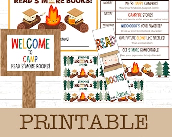 El paquete de lectura semanal de libros de Camp Read S’More incluye temas diarios, manualidad de marcapáginas, póster, letrero de bienvenida y adornos para bolsas de obsequios, ELA