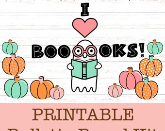 I Love Boooks Halloween Reading Bulletin Board and Room Decor Kit for Literacy Specialists, ELA teachers, Library Art, Cute Ghost with Book
