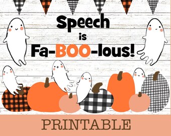 Sprache ist Fa-BOO-lou Therapie-Halloween-Raum-Dekor Bulletin Board, Klassenzimmer Dekor, Tür-Dekor, Herbst, Herbst, SLP Niedliche Geister karierte Wandkunst