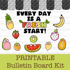 Everyday is a FRESH start Cute Fruit Growth Mindset Bulletin Board kit, Classroom and Door Decor, Back to school, Black and white polka dot