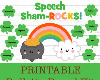 Speech Sham-ROCKS! St. Patrick’s Day March Bulletin Board and Door Decor Kit for Speech Therapists, SLPs, Printable clip art, Shamrock