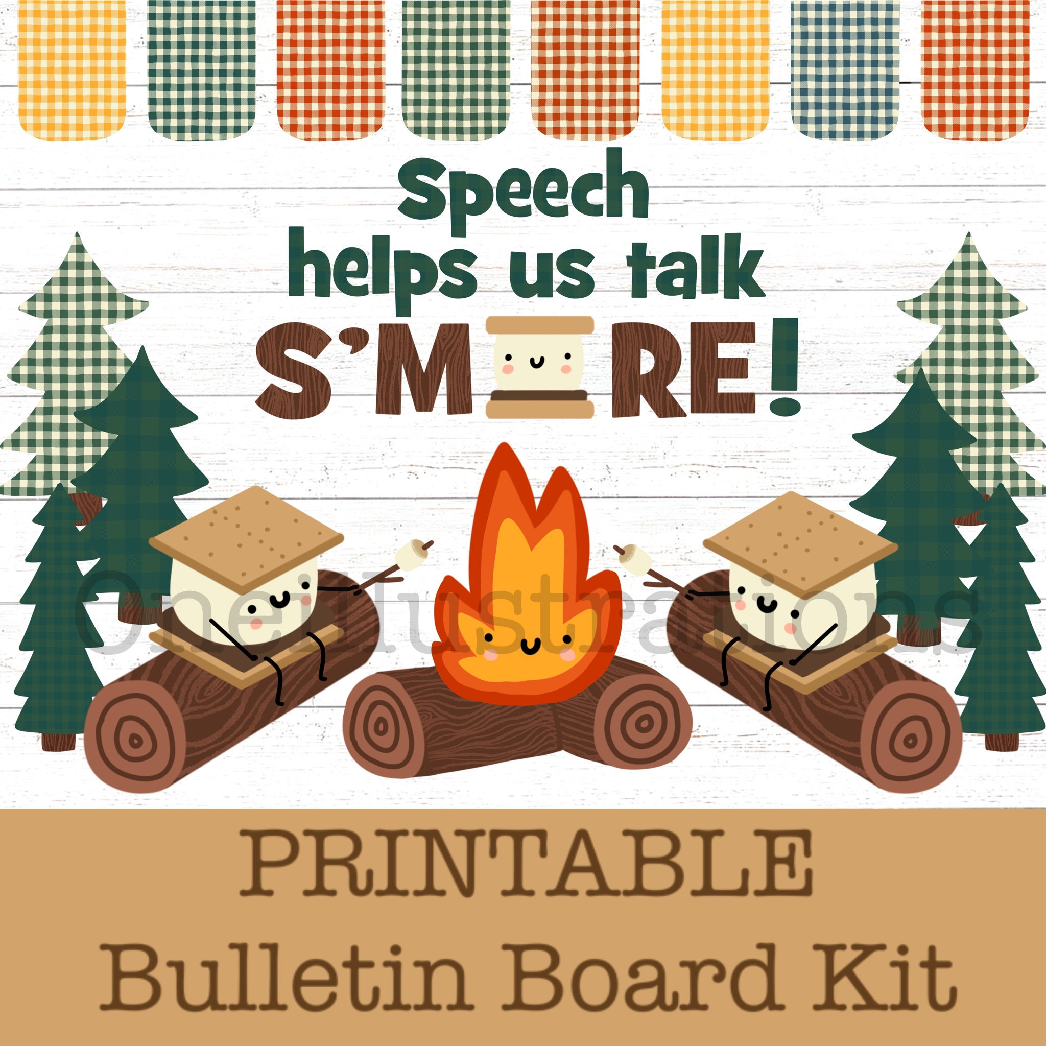 Speech Therapy Helps Us Talk S’MORE Bulletin Board/Door Decor kit, Camping themed classroom wall art, buffalo check plaid bunting