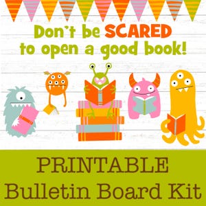 No tenga MIEDO de abrir un buen libro Tablero de anuncios/decoración de puerta de Monster Halloween para ELA, centros de medios, biblioteca, alfabetización, feria del libro de otoño