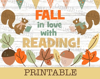 FALL in love with Reading Bulletin Board, Room Decor, Door Decor, Autumn, Literacy, ELA, Book Fair, Media specialist, Squirrels, Cottagecore