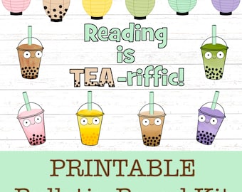 Reading is TEA-riffic Boba Shop Bulletin Board and Door Decor Kit for back to school, literacy, media specialists, ELA, Book Fair, Book Nook