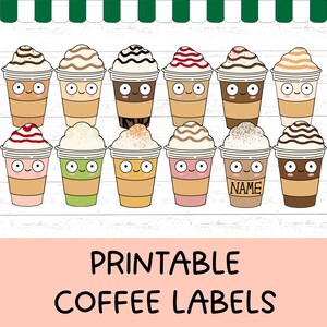 May include: A digital illustration of twelve coffee cups with cartoon faces, whipped cream, and various toppings arranged in two rows. One cup features the text NAME on the sleeve. The background is white wood with a green and white striped awning.