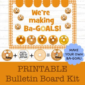 Kit para tablón de anuncios con temática de bagels para establecer objetivos, decoración imprimible para el aula (descarga digital)