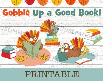 Thanksgiving Fall Reading Bulletin Board, Gobble Up a Good Book, Literacy, Book Fair, Speech therapy, ELA, Librarian, media specialist