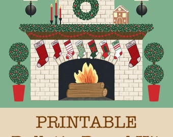 Cozy Christmas Fireplace Bulletin Board Kit, Stocking Decor (Digital Download)