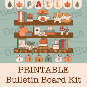 Kit de decoración para puertas y tablón de anuncios con estanterías acogedoras de estilo cottagecore otoñal, con tazas personalizables para nombres de estudiantes, libros personalizables y arte otoñal.