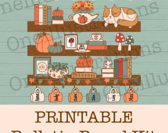 Fall Cozy Cottagecore Bookshelves Bulletin Board and Door Decor Kit with Customizable Mugs for Student names, Customizable Books, Autumn art