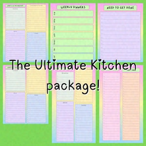 May include: A colorful kitchen planner package with sections for weekly dinners, pantry inventory, and to-do lists. The text "The Ultimate Kitchen package!" is prominently displayed. The planner features pastel color blocks and a clean layout.