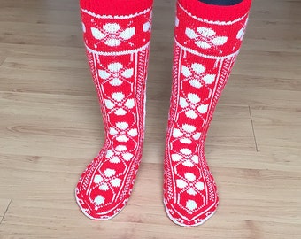 Hand Knit Wool Socks FAVORITE , Red and White Traditional Leg Warmers