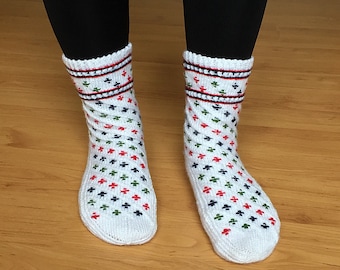 Hand Knit Women Slippers, White Traditional Socks, Special Cuffs
