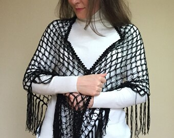 Black Beaded Triangle Shawl, Crochet Net Shawl for Dance, Evening Shawl Black, Gift for Her