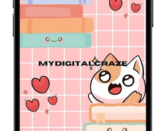 Cute Kawaii Cat iPhone Wallpaper, iOS 14 Aesthetic, Funky Wallpaper, Fun Animal Pink Love Background, Android iPad Theme