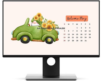 Cute "Welcome May" Funny Calendar Desktop Wallpaper, MacBook Wallpaper, Sunflower Wallpaper, Spring Gnome Aesthetic Background Theme