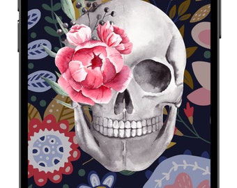 Cute Floral Skull iPhone Wallpaper, Retro Wallpaper, Gothic Wallpaper, iOS 14 Aesthetic Background Theme Digital Download