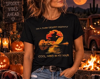 On a Dark Desert Highway Shirt | Witch Flying Over Moon | Witch on Broom Halloween Humor Tee | Witchy Gift for Her