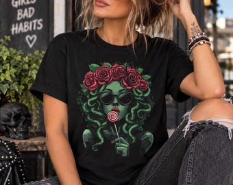 Medusa Lollipop Shirt | Rose Crown Gorgon Head Mythology T-Shirt | Medusa Graphic Tee | Retro Fantasy Shirt | Medusa T-Shirt