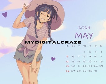 Cute Welcome May Desktop Wallpaper, MacBook Wallpaper, Fun Anime Girl Art Aesthetic Background Theme Digital Download