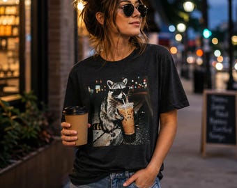 Raccoon Iced Coffee Shirt | Raccoon Drinking Coffee Photo Print Shirt | Raccoon Lover Shirt