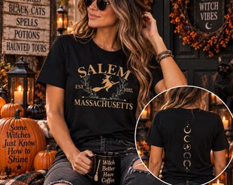 Salem Massachusetts Witch on Broom Moon Phase Tee | Halloween Town Shirt | Wiccan Shirt | Witchy Gifts for Her