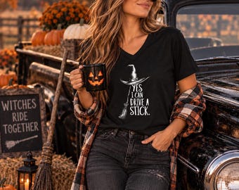 Witch Hat and Broom T-Shirt | Magic Broom Halloween Pun Shirts | Yes I Can Drive A Stick Shirt