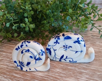 Blue & White Stoneware Snail Garden Decor, USA Made (Set of 2)