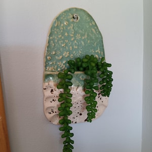 May include: A wall-mounted ceramic planter with a rounded top and a flat back. The upper section features a light green glaze with a subtle floral pattern, while the lower section is a textured cream color with dark brown speckles.
