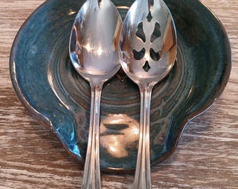 Handmade Blue Stoneware Spoon Rest, Coin & Key Holder