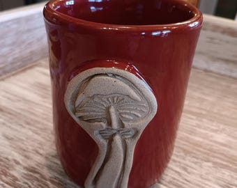 Red Mushroom Mug, Handless Pottery Cup, Kitchen Decor