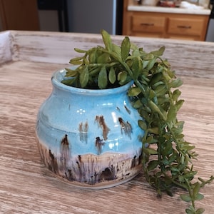 May include: A small, round ceramic vase with a light blue glaze and brown accents. The vase is filled with green, leafy faux plants. The vase sits on a light brown wooden surface.