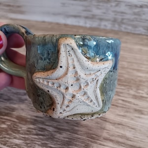 Mini mug, starfish mug, mug, blue pottery, green pottery sea theme pottery, starfish pottery, mini sea decor, accent, nautical decor, gift