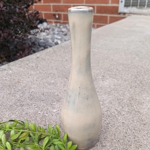 May include: A tall, slender ceramic vase with a cream-colored body and a slightly flared opening. The vase has subtle blue-gray accents and a smooth, glossy finish. It is approximately 8 inches tall, perfect for displaying flowers or as a decorative piece.