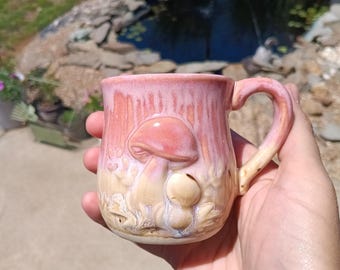 Handmade Pink Mushroom Mug, Stoneware Coffee Cup