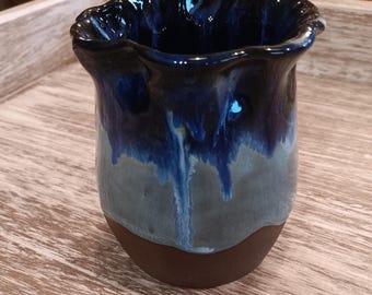Handmade Blue Stoneware Vase, Brown Clay Pottery, USA