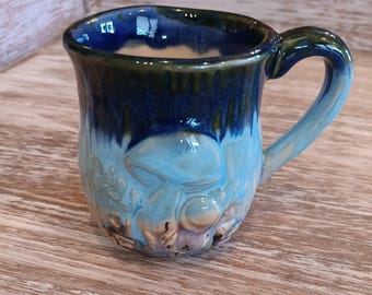 Handmade Stoneware Mushroom Mug, Beachy Blue Glaze, 6oz